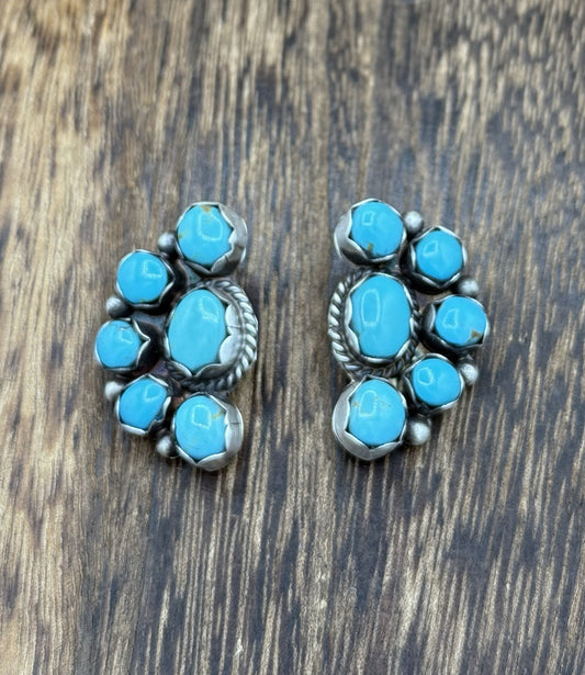 Navajo Handmade Sterling Silver Kingman Turquoise Half Cluster Post Earrings