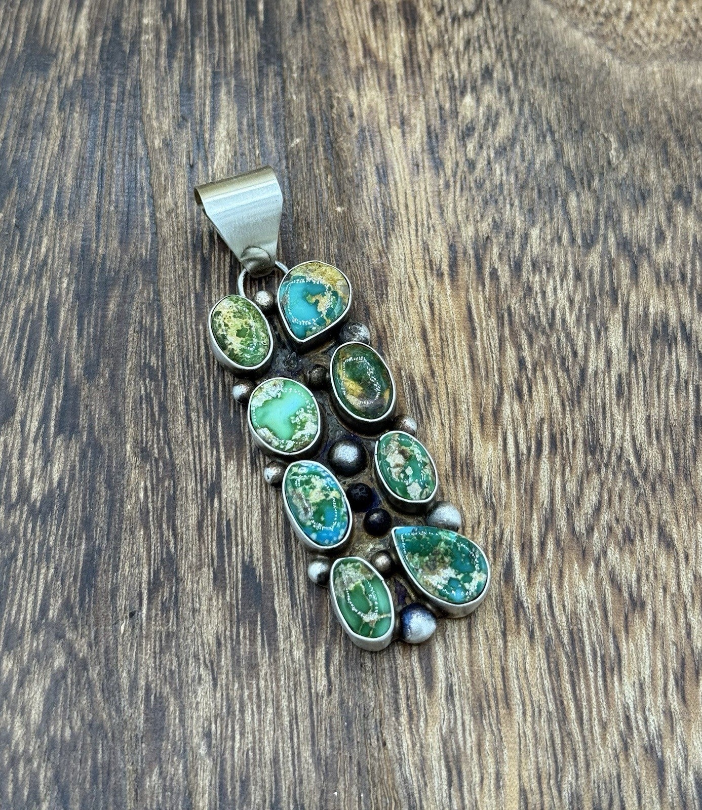 Navajo Handmade Sterling Silver Sonoran Gold Turquoise Cluster Drop Pendant