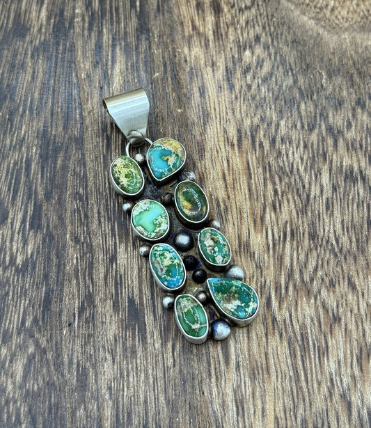 Navajo Handmade Sterling Silver Sonoran Gold Turquoise Cluster Drop Pendant