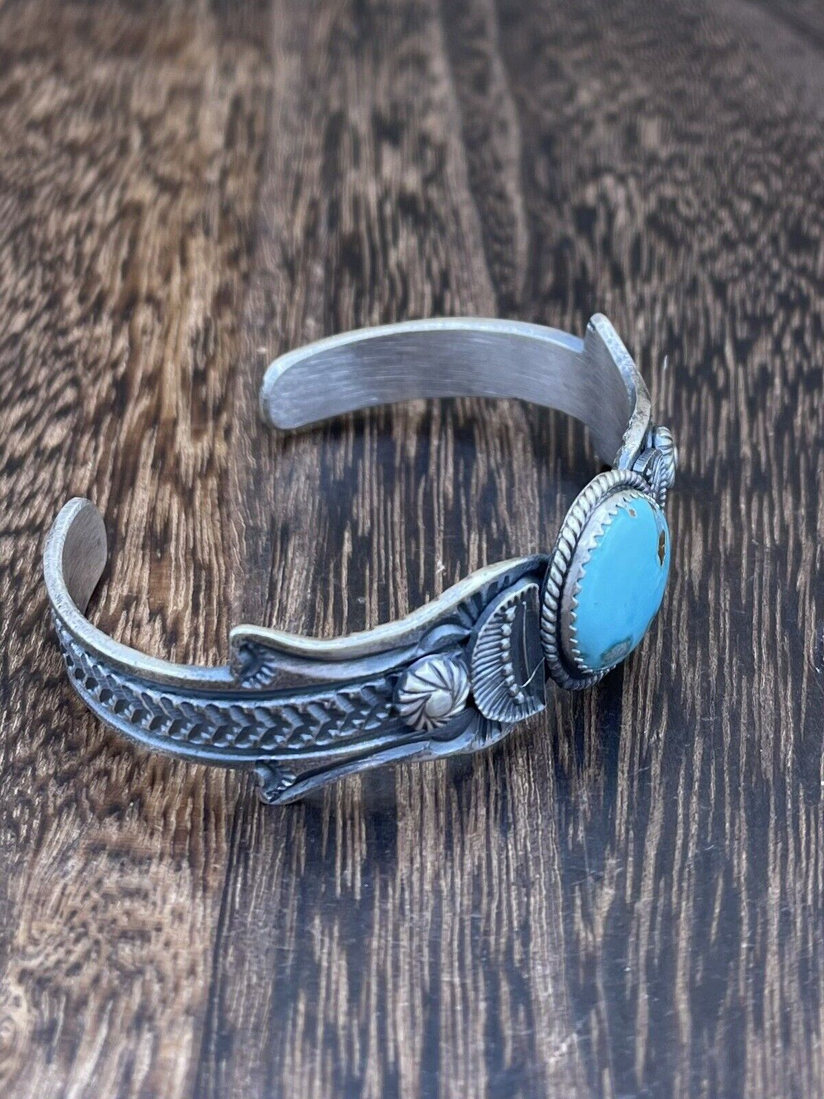 Native American Navajo Handmade Silver Kingman Turquoise Old look Bracelet