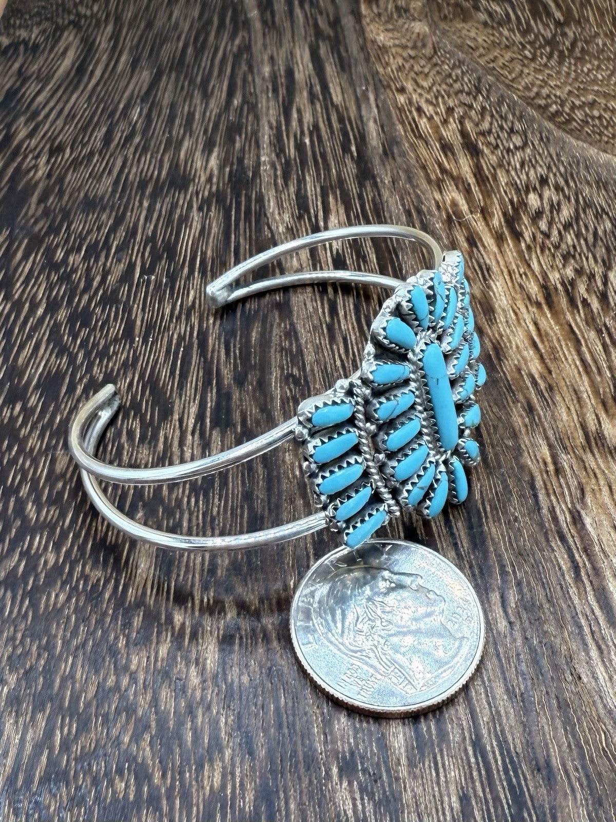 Navajo Handmade Sterling Silver Turquoise Traditional Cluster Cuff Bracelet