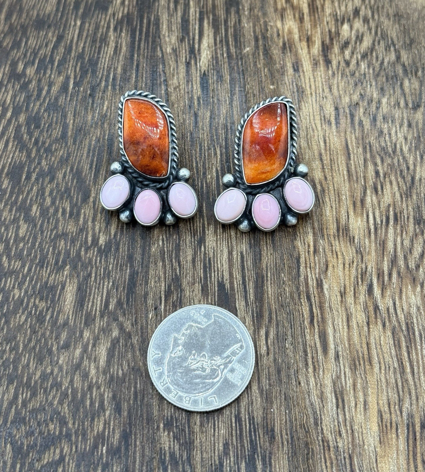 Navajo Handmade Sterling Silver Multi Color Spiny Pink Shell Cluster Earrings
