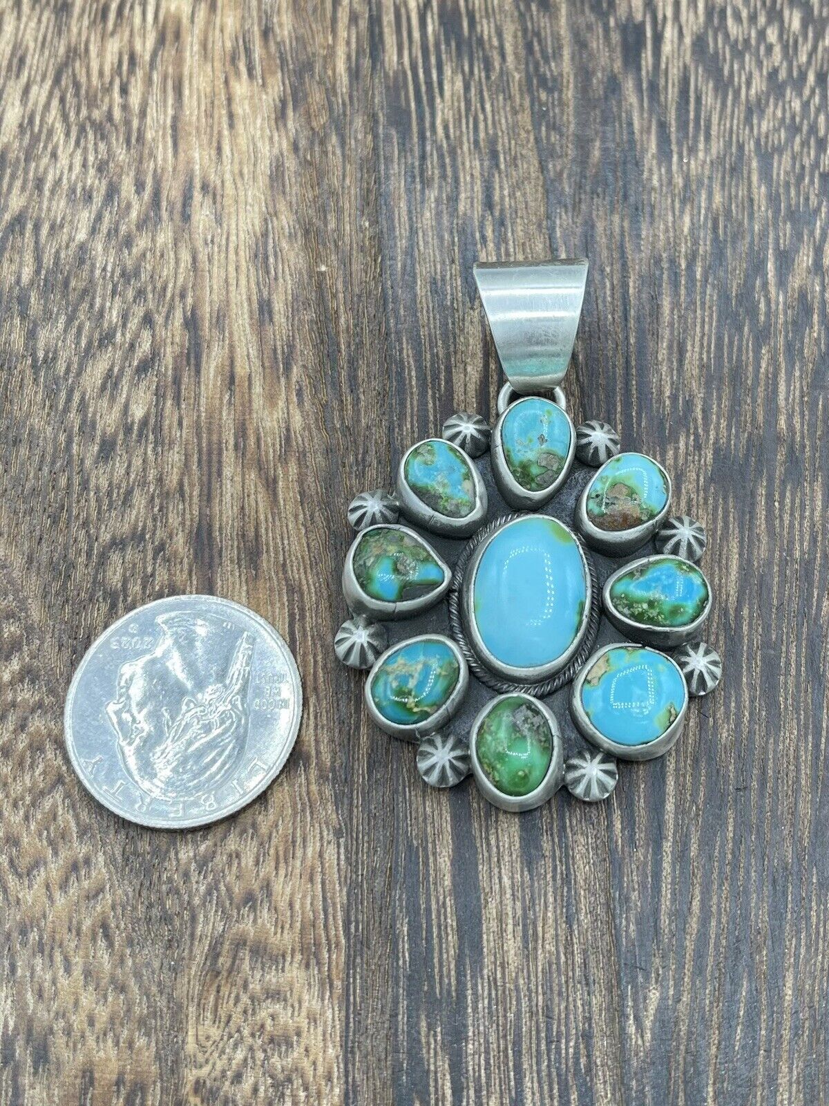 Native American Sterling Silver Navajo Handmade Turquoise Cluster Pendant