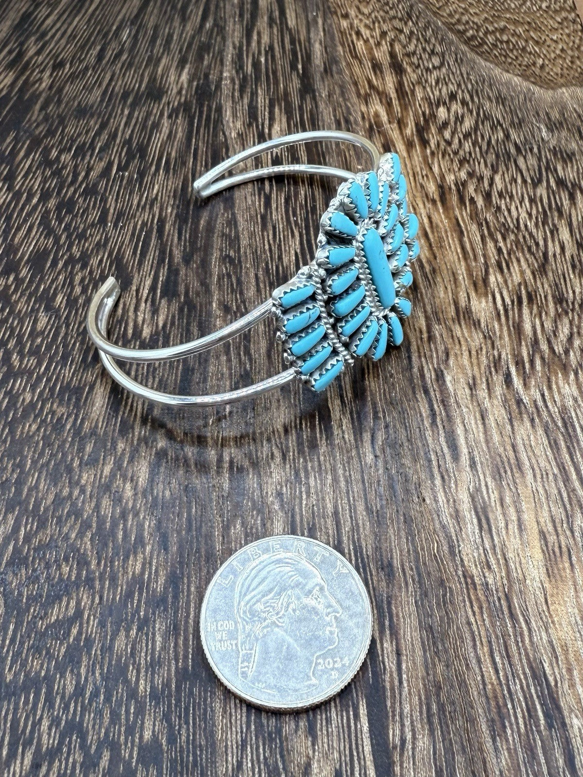 Navajo Handmade Sterling Silver Turquoise Traditional Cluster Cuff Bracelet