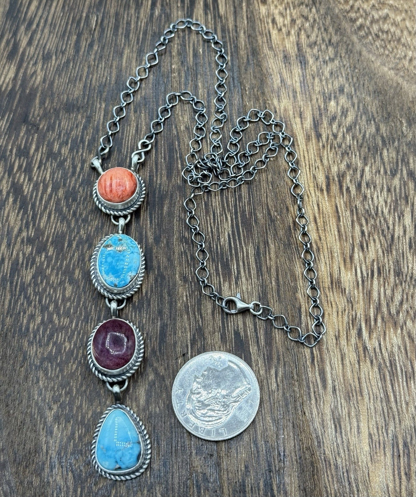 Navajo Handmade Sterling Silver Multi Color Mixed Stone Lariat Necklace 18”