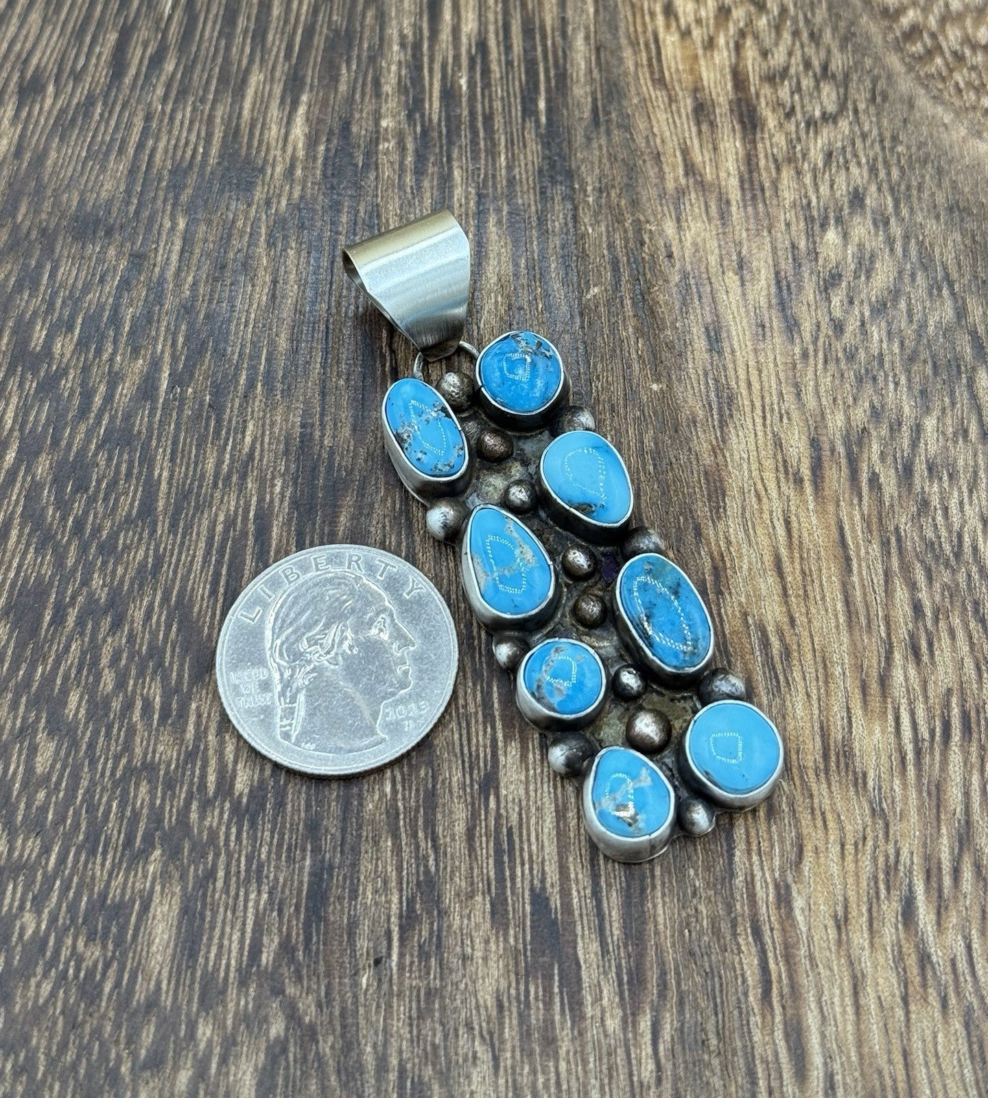 Native Navajo Handmade Sterling Silver Blue Ridge Turquoise Cluster Drop Pendant