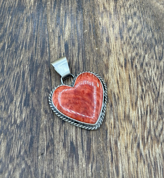 Navajo Handmade Sterling Silver Red Spiny Oyster Shell Heart Shaped Pendant
