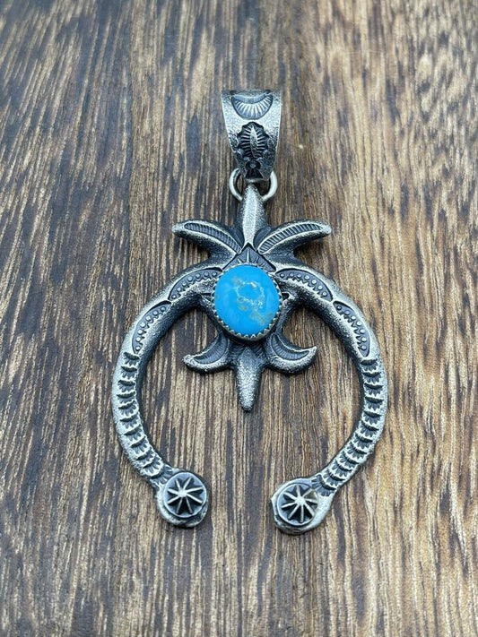 Native American Indian Navajo Handmade Silver Old Look Turquoise Naja Pendant