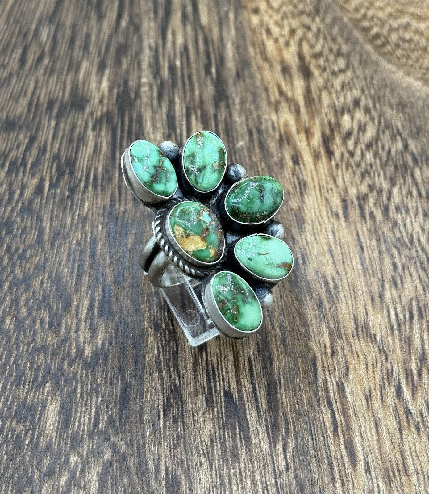 Navajo Handmade Sterling Silver Sonoran Gold Turquoise Half Cluster Ring Size 8