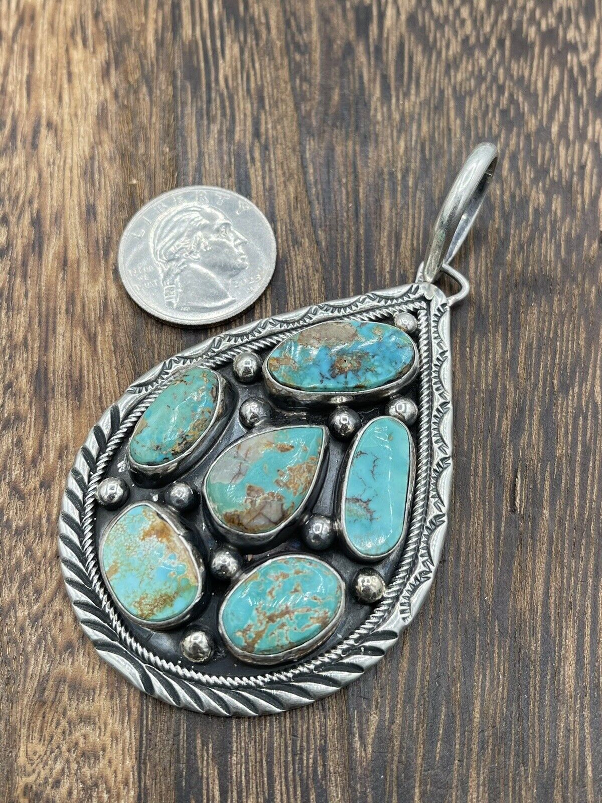 Native American Navajo Handmade Silver Natural  Turquoise Cluster Pendant