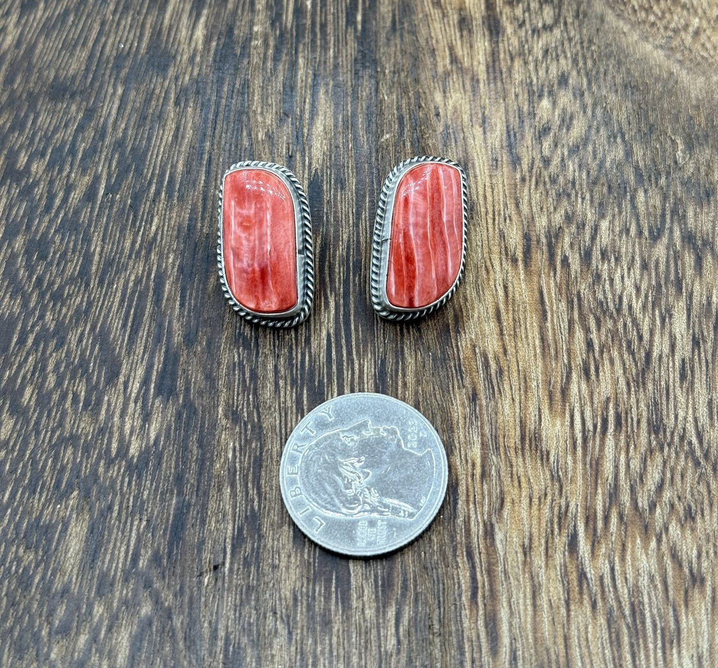 Native Navajo Handmade Sterling Silver Red Spiny Oyster Shell Post Stud Earrings