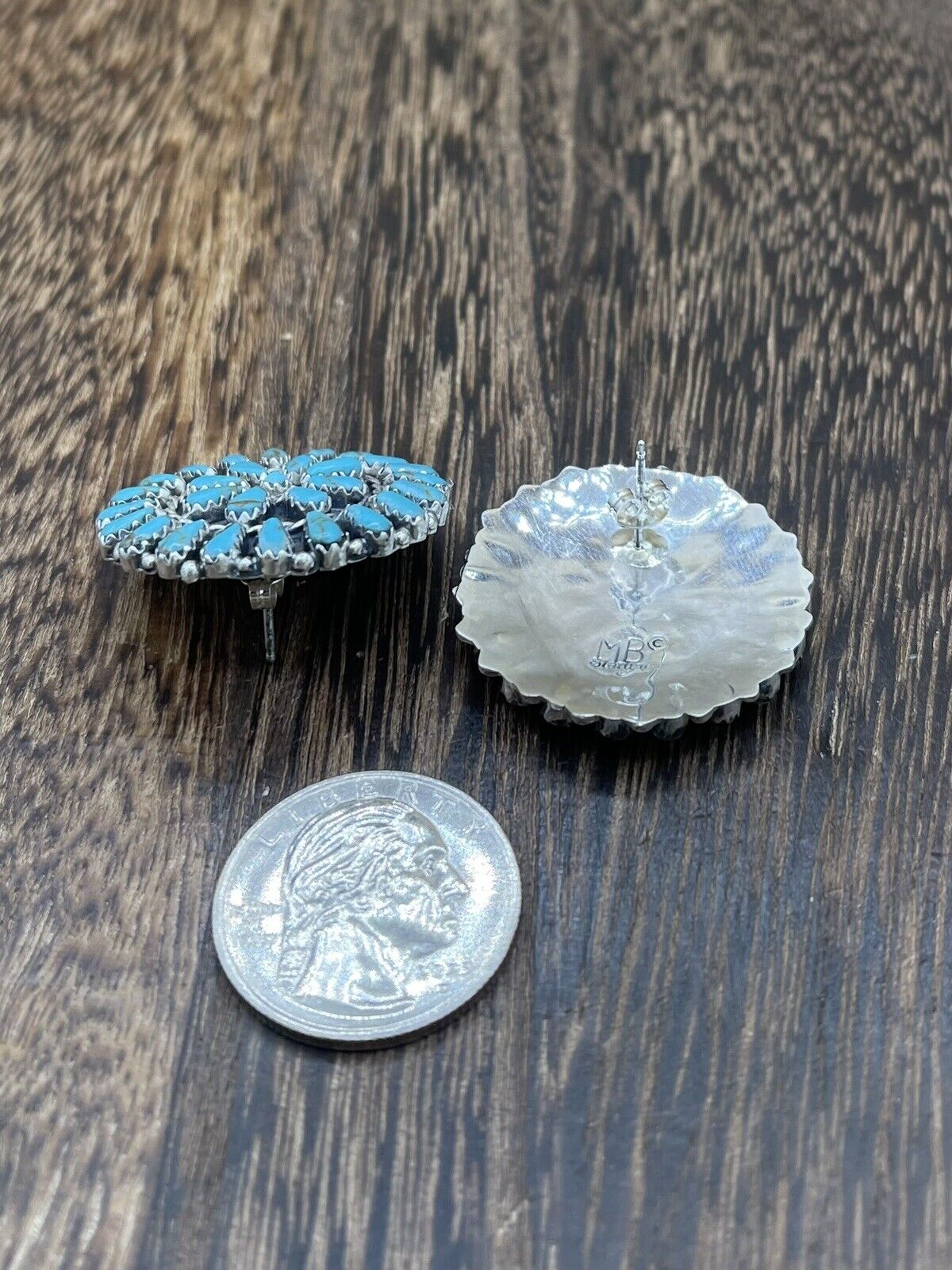 Native American Navajo Handmade Sterling Silver Turquoise Cluster Post earrings