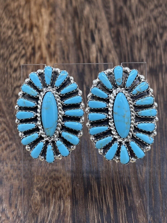 Native American Navajo Handmade Sterling Silver Turquoise Cluster Stud Earrings