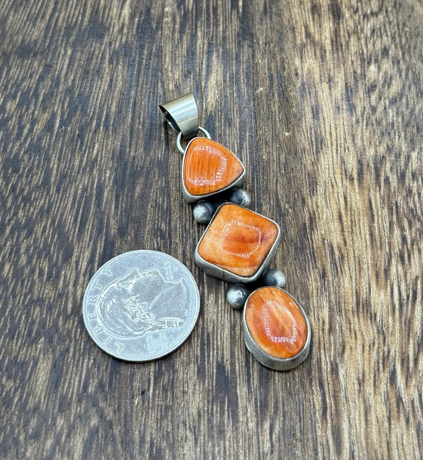 Navajo Handmade Sterling Silver Orange Spiny Oyster Shell Cluster Drop Pendant