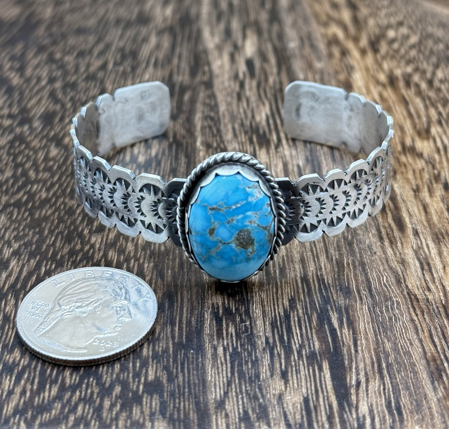 Navajo Handmade Sterling Silver Blue Bird Turquoise Stacker Cuff Bracelet