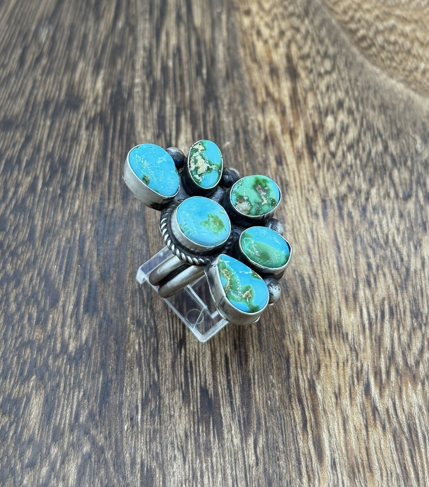 Navajo Handmade Sterling Silver Sonoran Gold Turquoise Half Cluster Ring Size 8