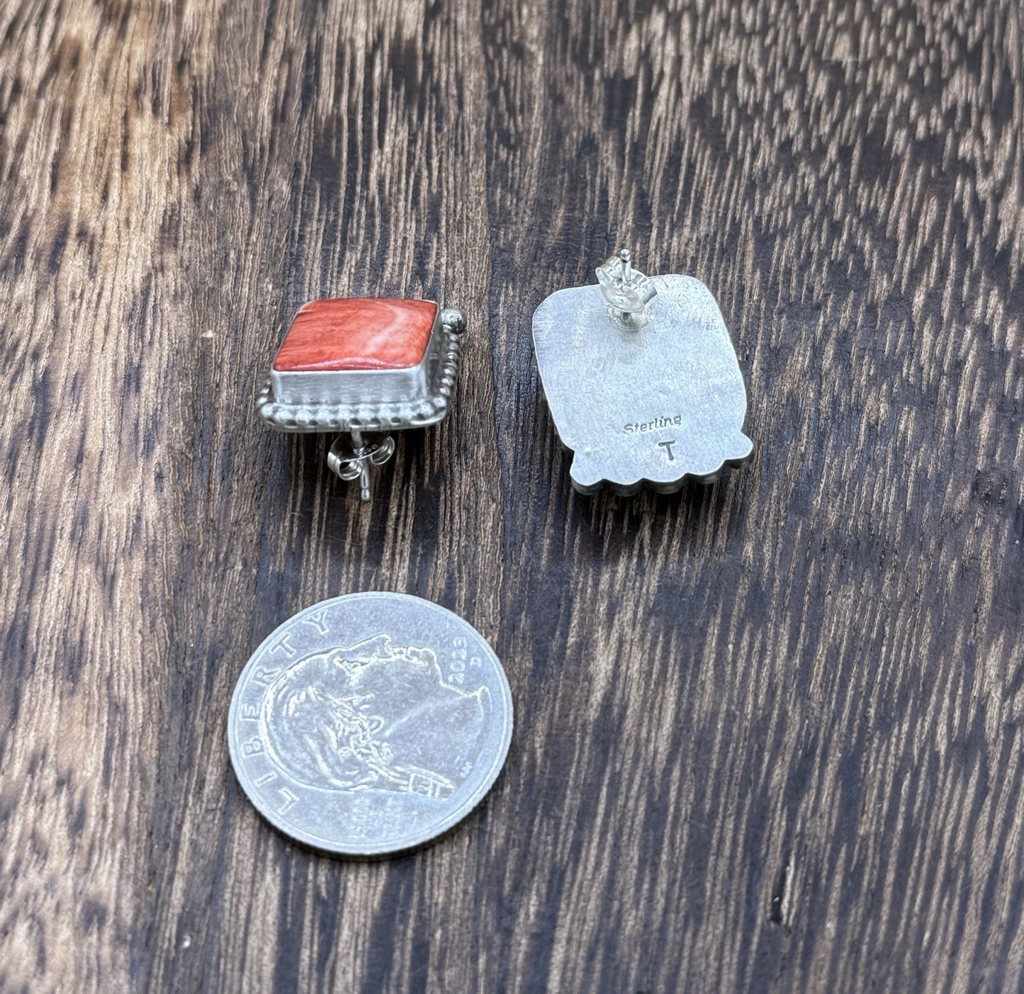 Native Navajo Handmade Sterling Silver Red Spiny Oyster Shell Post Stud Earrings