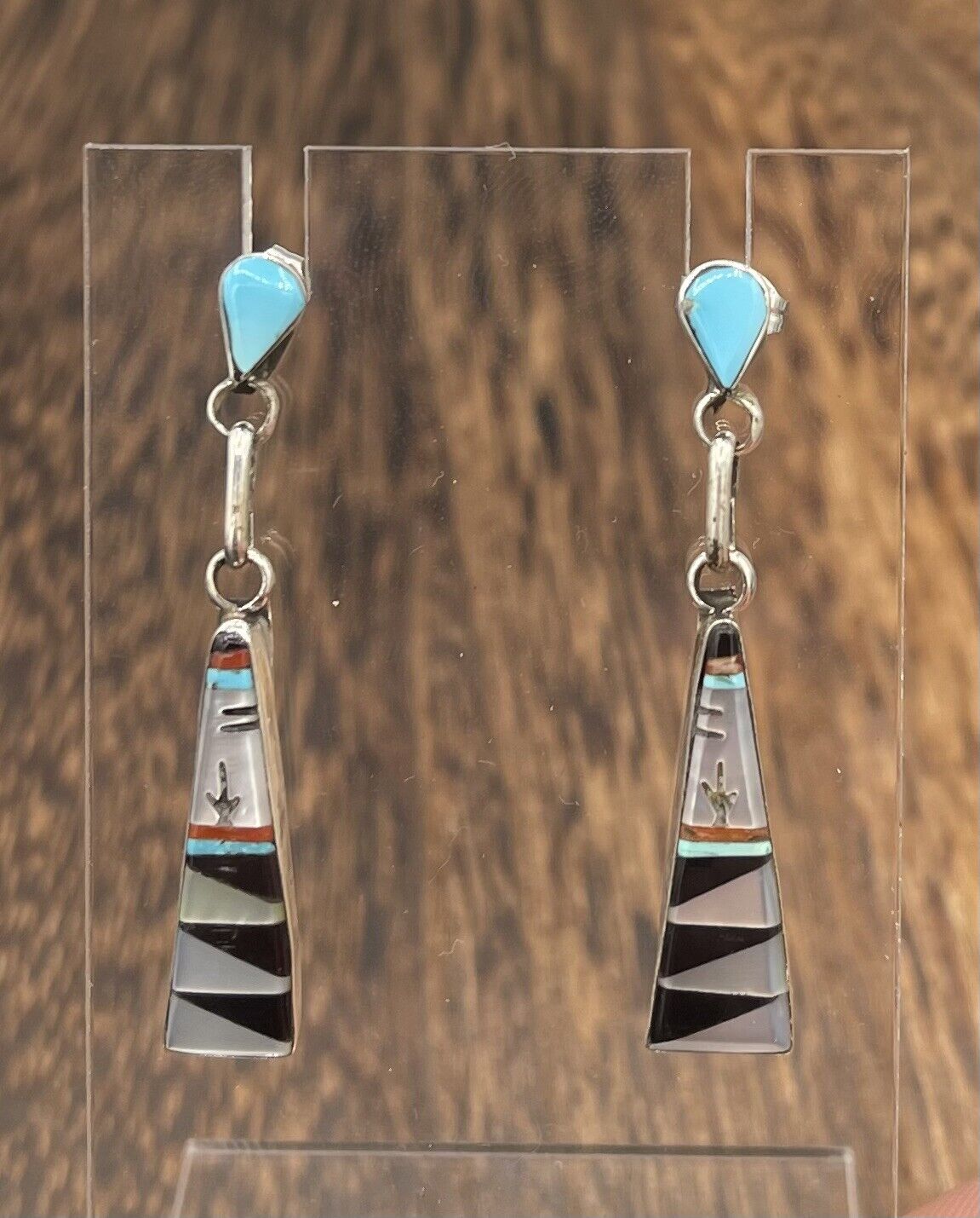 Native American Sterling Silver Zuni Handmade Multi Stone Inlay Dangle Earring