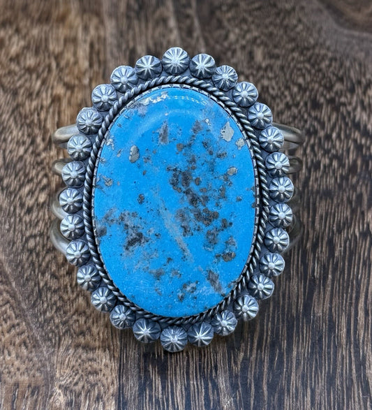 Native Navajo Handmade Sterling Silver Morenci Turquoise Old Look Cuff Bracelet