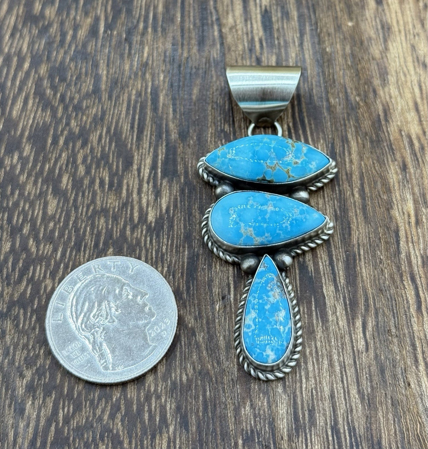 Native Navajo Handmade Sterling Silver Blue Bird Turquoise Cluster Drop Pendant