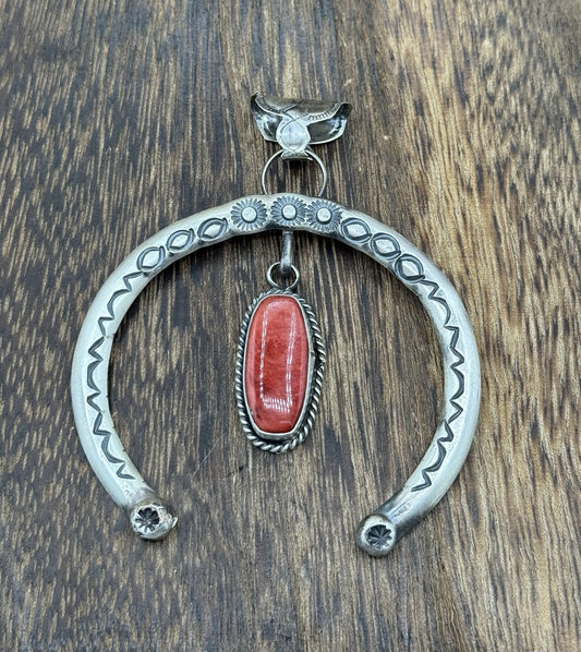 Navajo Handmade Sterling Silver Stamped Red Spiny Oyster Shell Naja Pendant