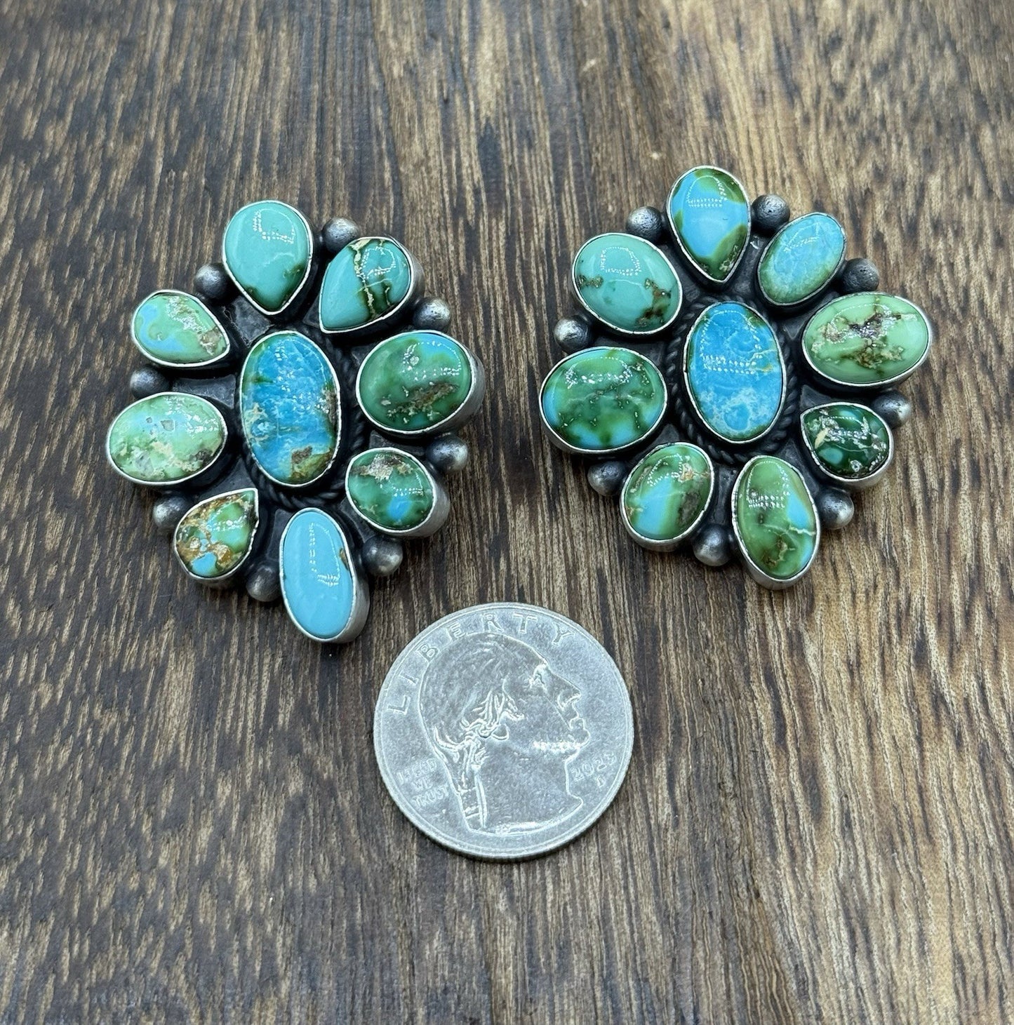 Navajo Handmade Sterling Silver Sonoran Gold Turquoise Cluster Post Earrings