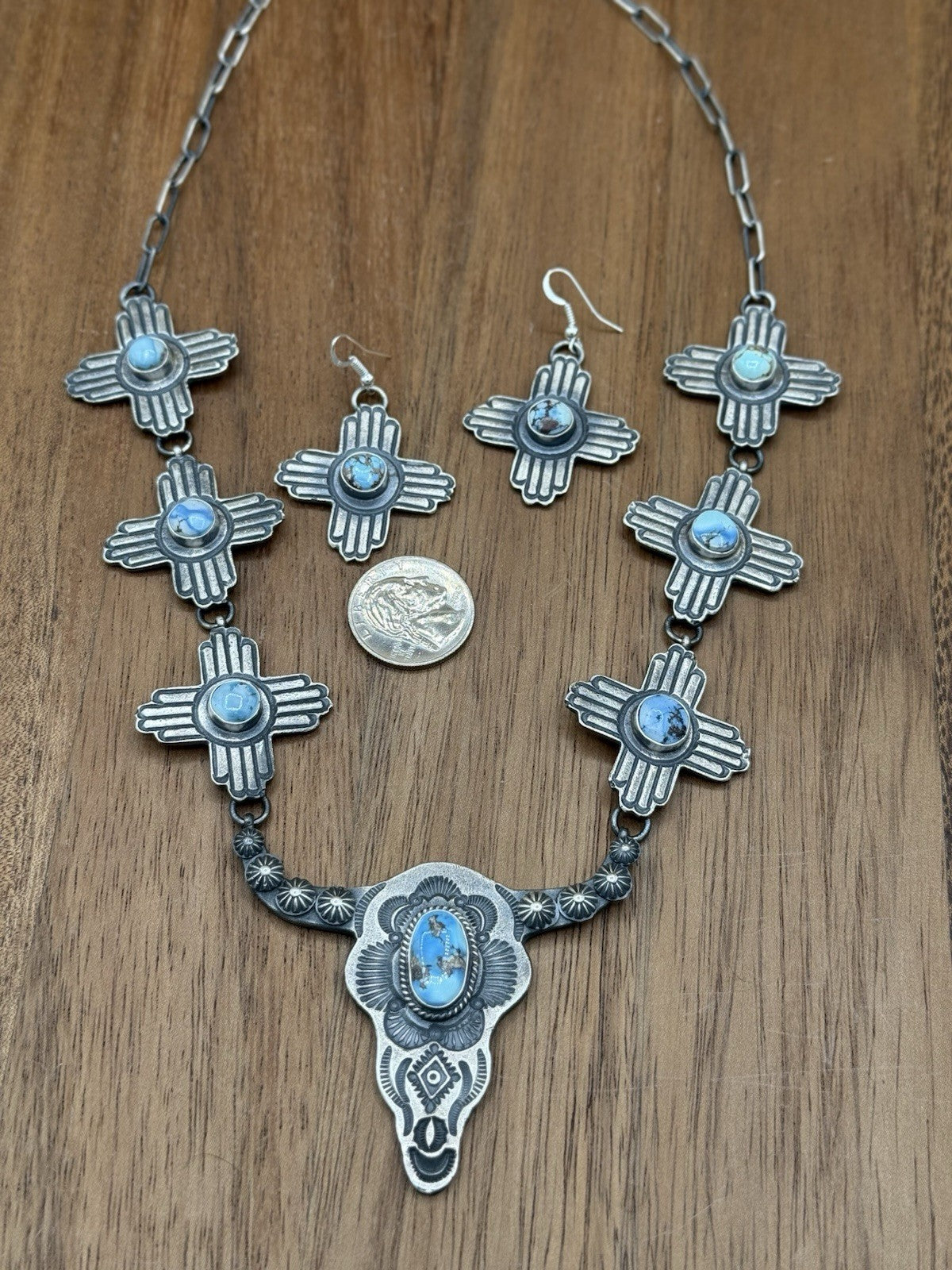 Navajo Handmade Sterling Silver Golden Hills Turquoise Longhorn Zia Necklace Set