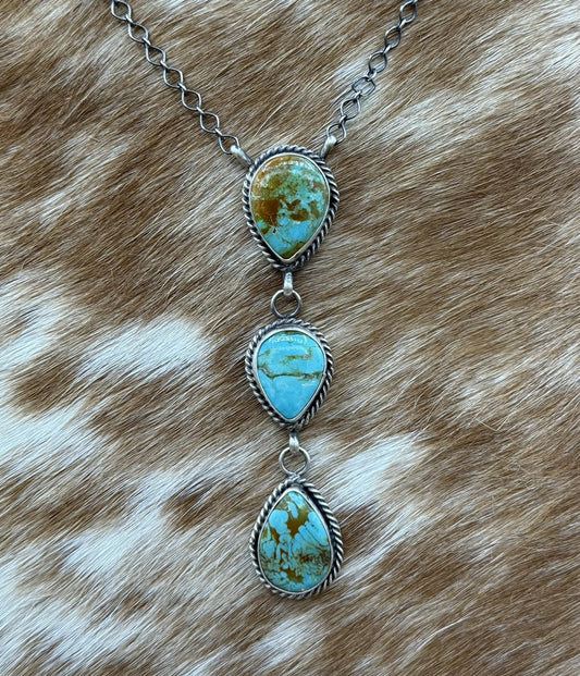 Native Navajo Handmade Sterling Silver Kingman Turquoise Lariat Necklace 18”