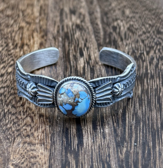 Navajo Handmade Sterling Silver Golden Hills Turquoise Old look Cast Bracelet