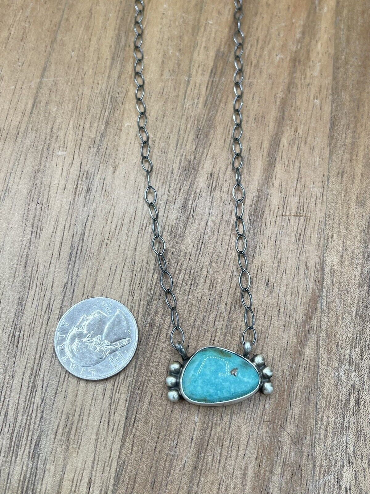 Native American Navajo Handmade Silver Kingman Turquoise Bar Necklace 18”