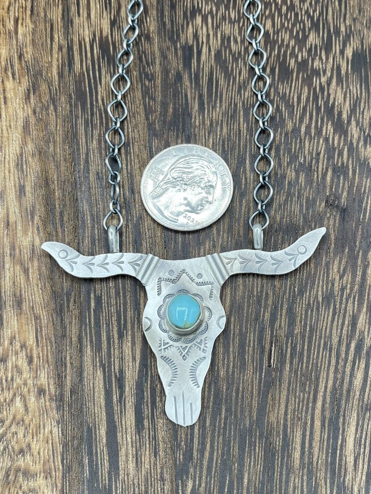 Native American Sterling Silver Navajo Handmade Turquoise Longhorn Necklace 18”