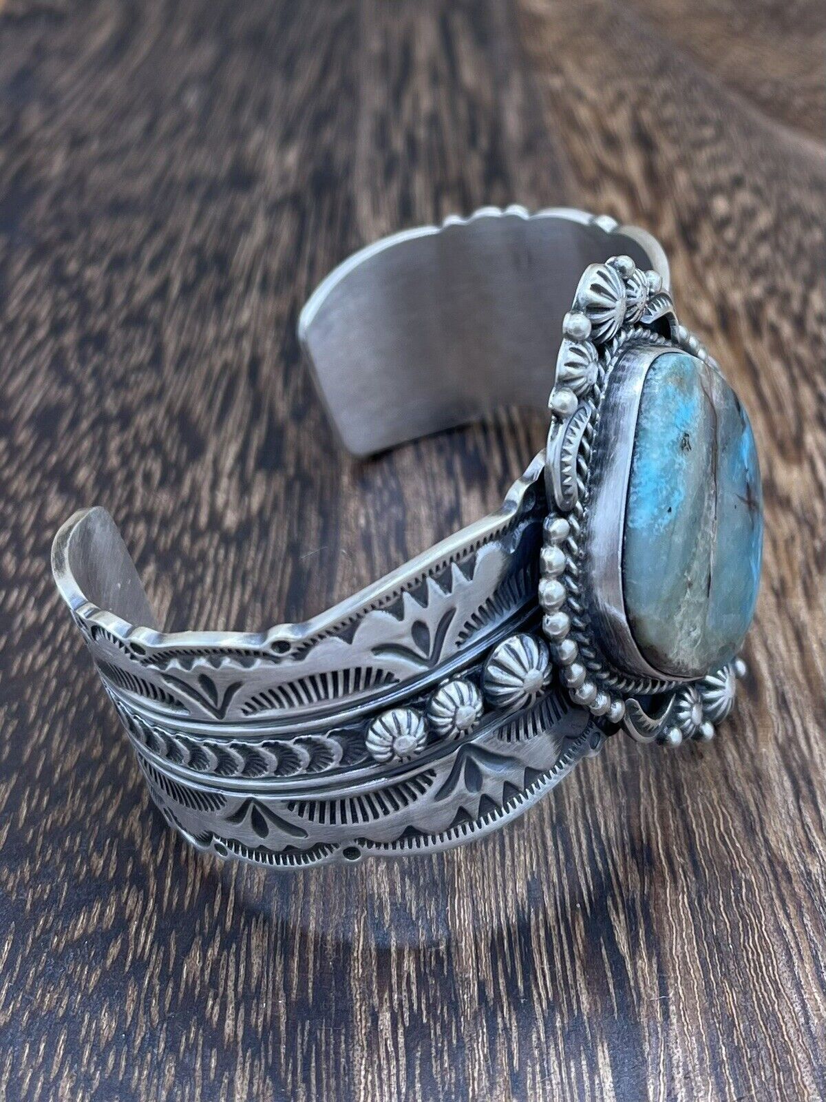 Native American Navajo Handmade Silver Smokey MT. Turquoise Cuff Bracelet Bennie