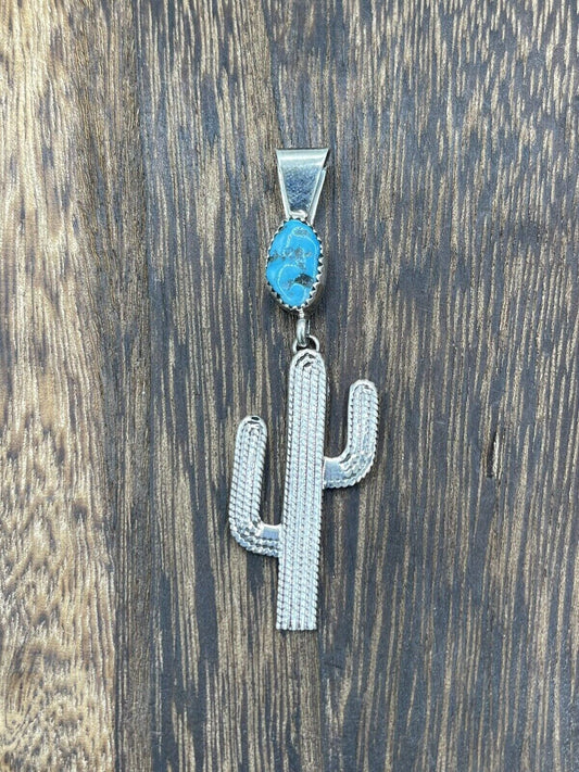 Native American Sterling Silver Indian Handmade Natural Turquoise Cactus Pendant