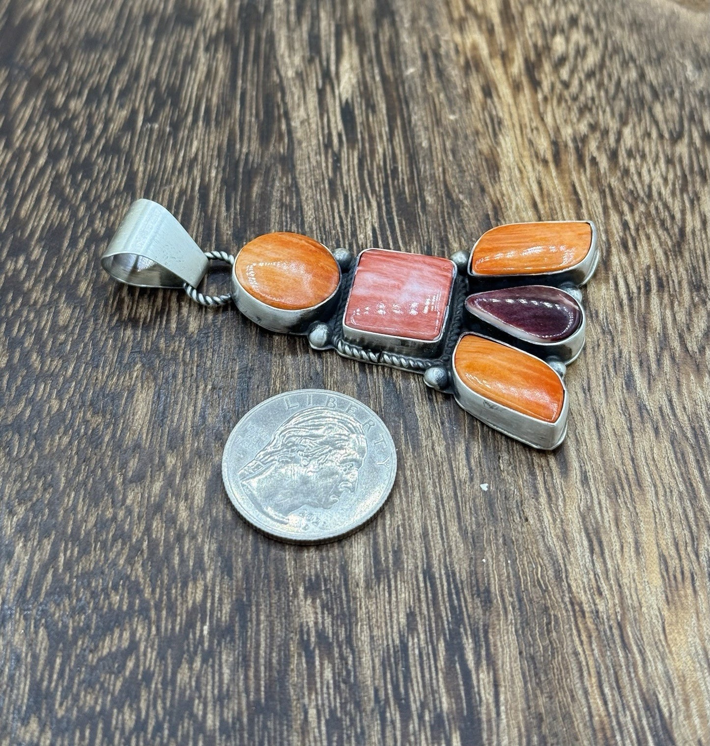 Native Navajo Handmade Sterling Silver Multi Spiny Oyster Shell Cluster Pendant