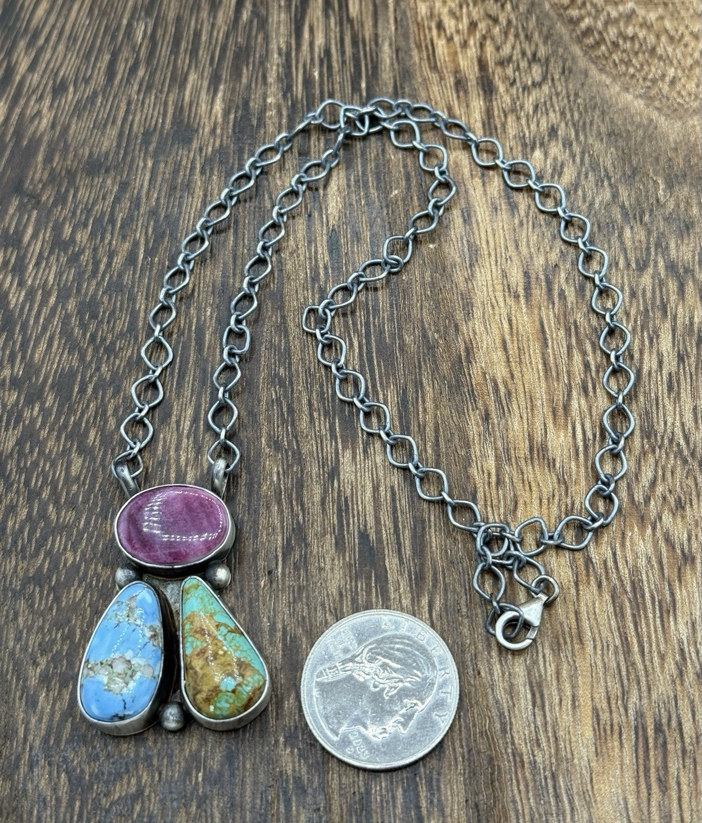 Navajo Handmade Sterling Silver Multi stone Turquoise  Cluster Bar Necklace 18”