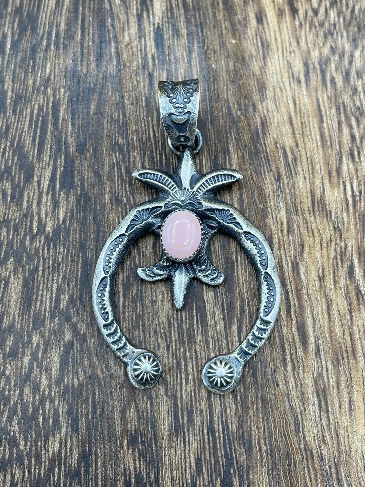 Native American Indian  Navajo Handmade Silver Old Look Pink Concho Naja Pendant