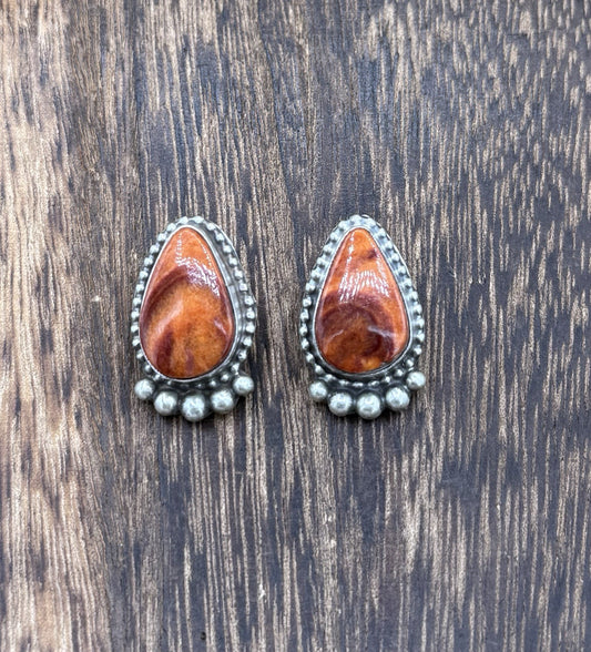 Native Navajo Handmade Sterling Silver Orange Spiny Oyster Post Stud Earrings