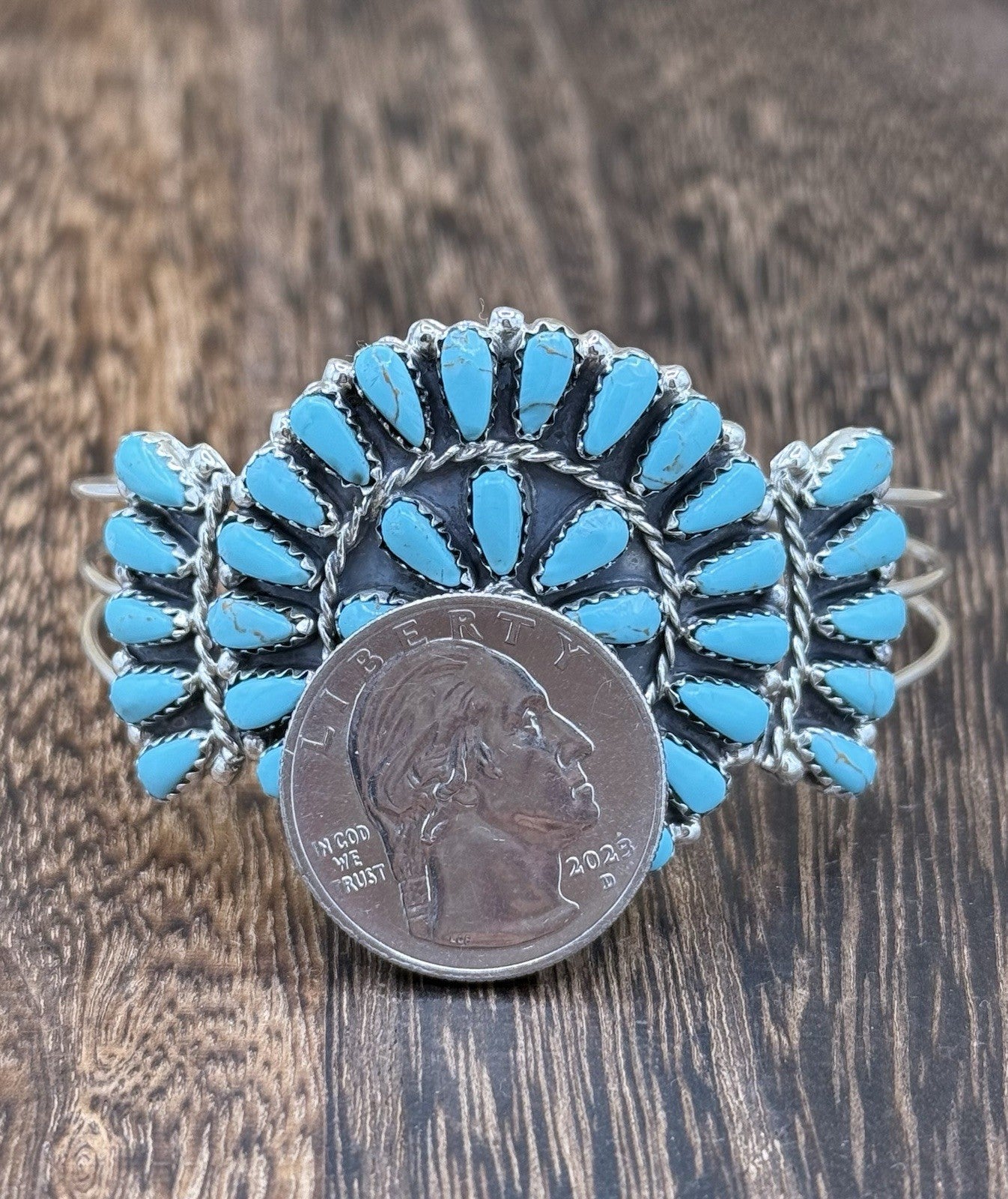 Native American Navajo Handmade Sterling Silver Turquoise Cluster Cuff Bracelet