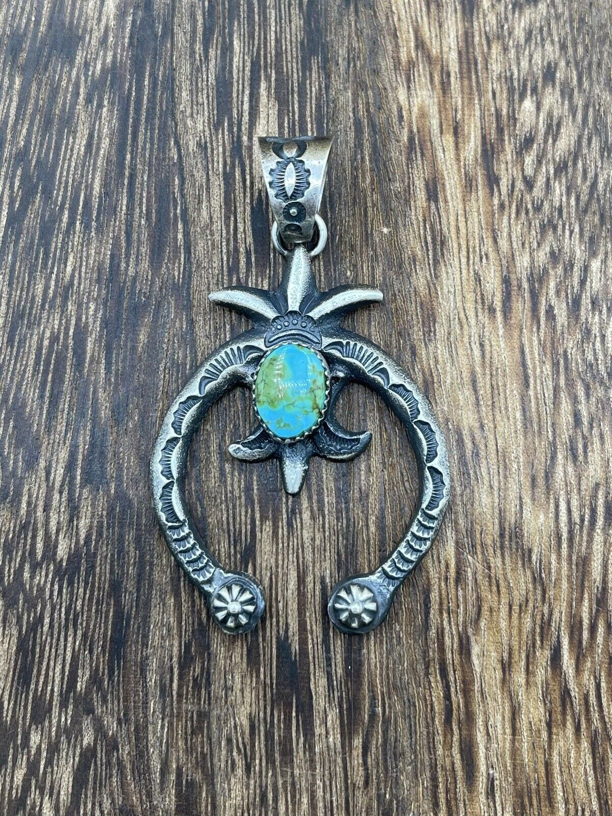 Native American Indian  Navajo Handmade Silver Old Look Turquoise Naja Pendant