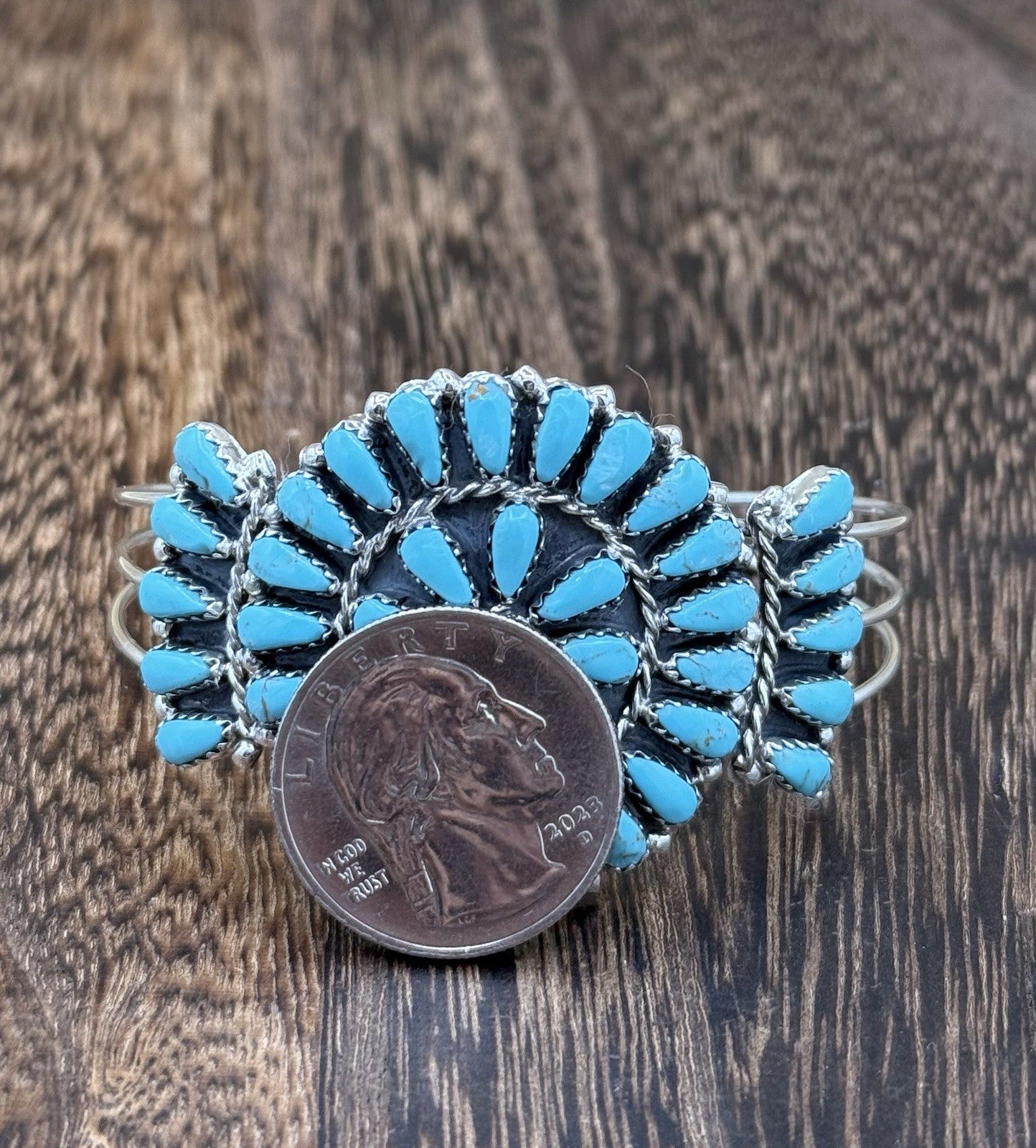 Native American Navajo Handmade Sterling Silver Turquoise Cluster Cuff Bracelet