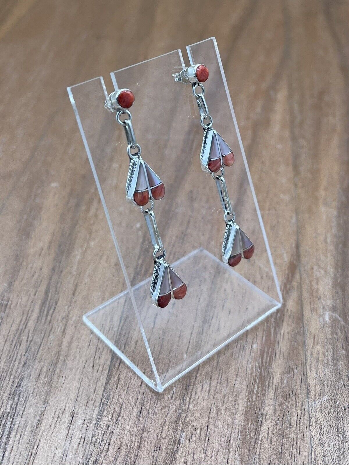 Native American Zuni Handmade Silver Inlay Spiny  Post Dangle Drop Earrings