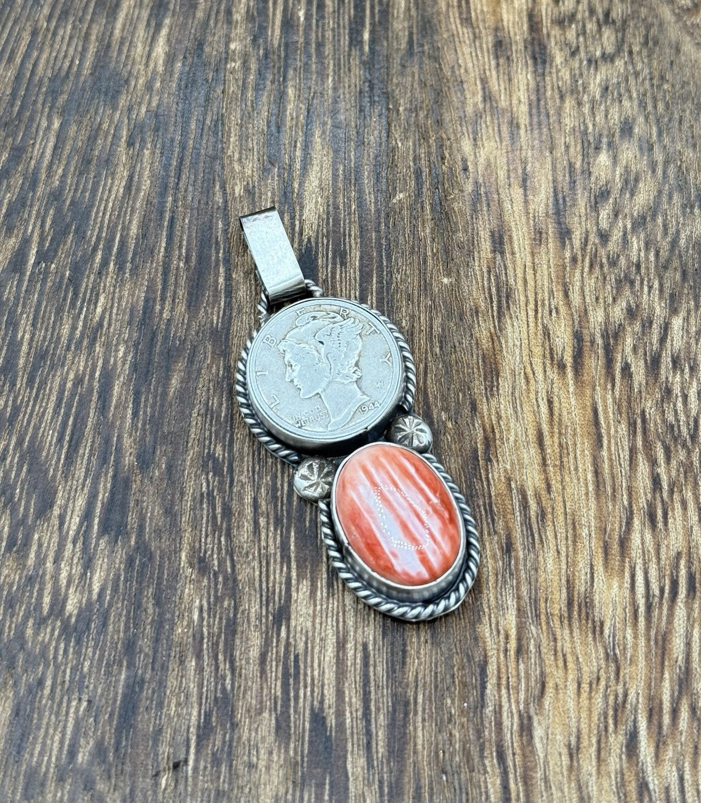 Navajo Handmade Sterling Silver Red Spiny Oyster Shell Liberty Dime Coin Pendant