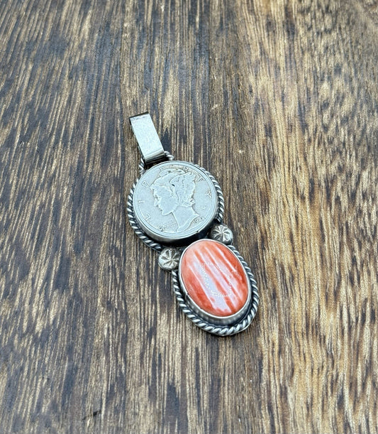 Navajo Handmade Sterling Silver Red Spiny Oyster Shell Liberty Dime Coin Pendant
