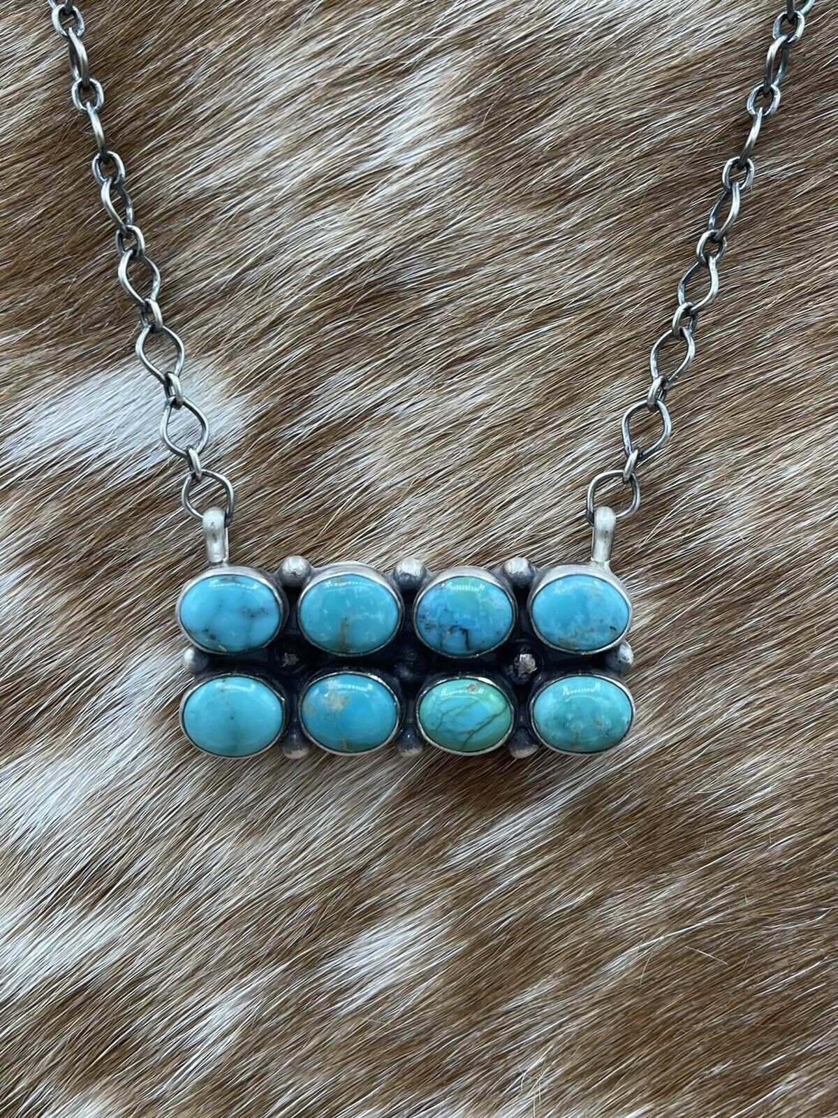 Native American Navajo Handmade Silver Turquoise Cluster Bar Necklace 18