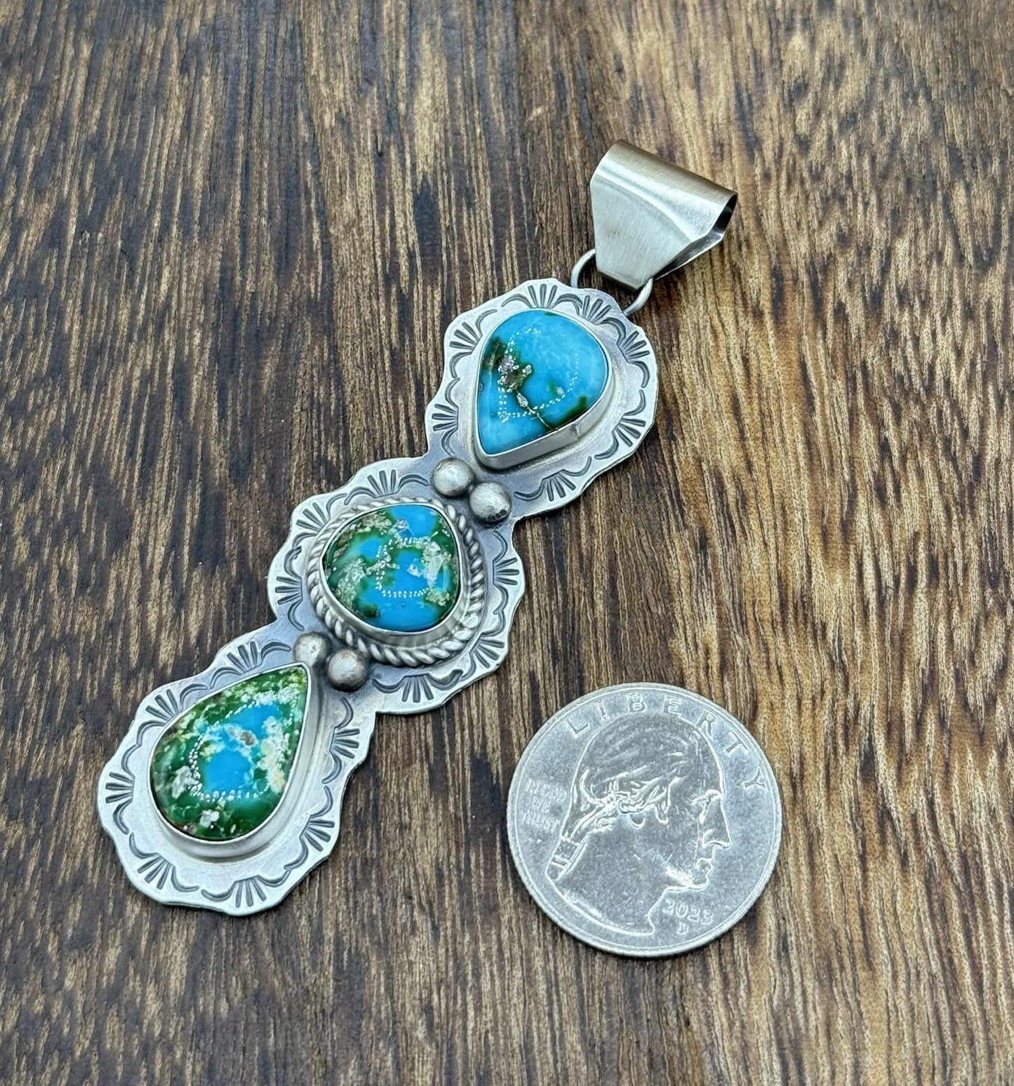 Navajo Handmade Sterling Silver Sonoran Gold Turquoise Stamped Drop Pendant