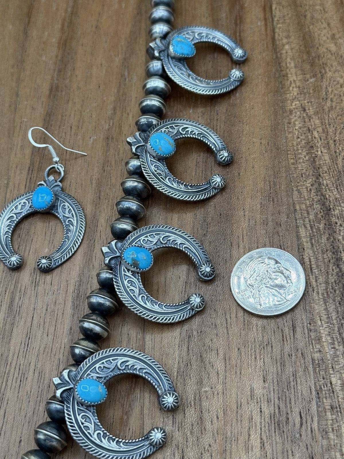 Navajo Handmade Sterling Silver Kingman Turquoise Squash Blossom Set By Kevin B.