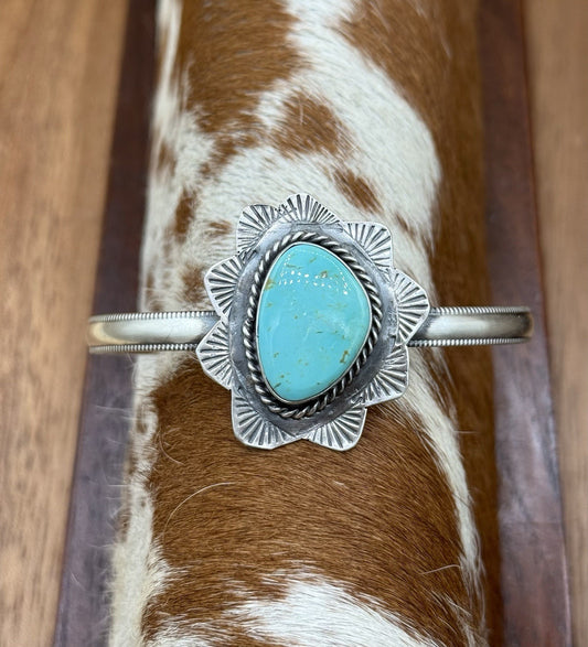 Native Navajo Handmade Sterling Silver Kingman Turquoise Cuff Stamped Bracelet