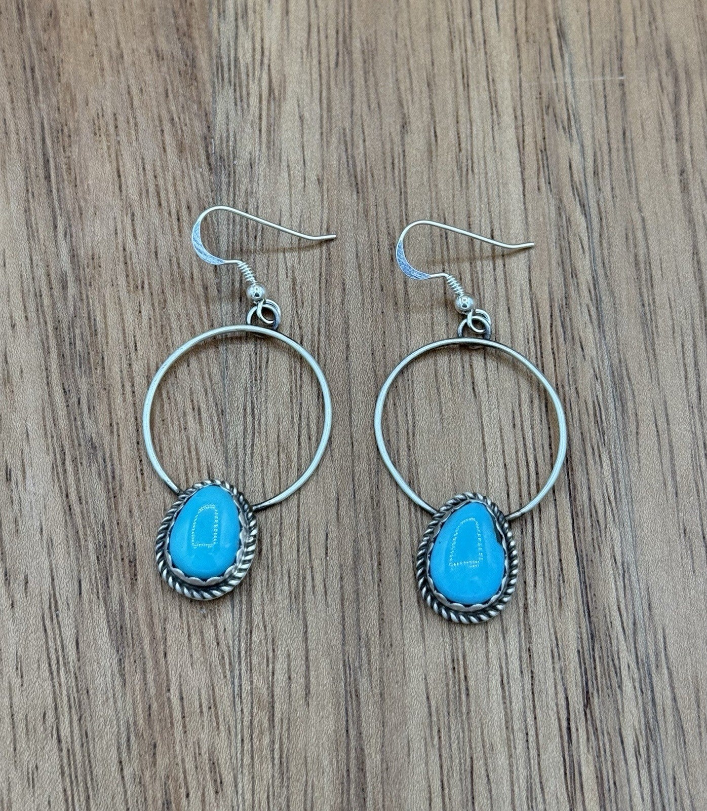 Navajo Handmade Sterling Silver Kingman Turquoise Hoop Dangle Drop Earrings