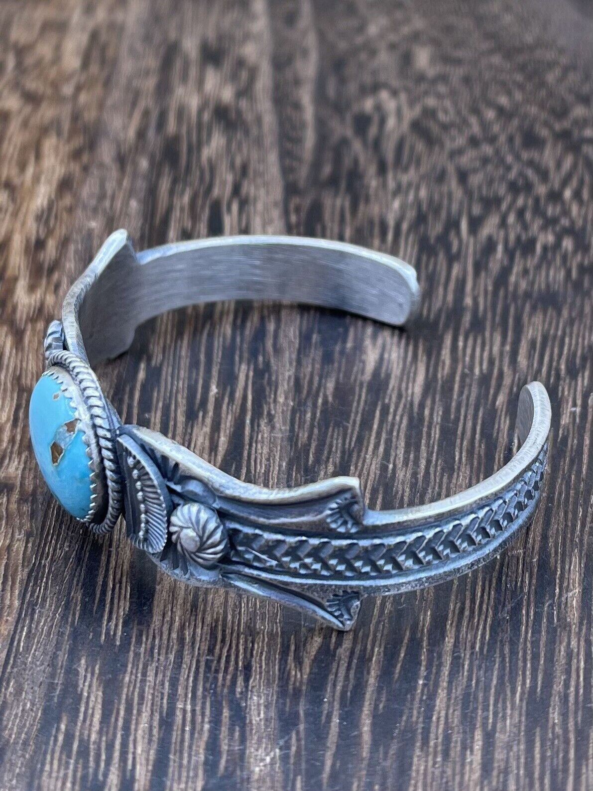 Native American Navajo Handmade Silver Kingman Turquoise Old look Bracelet