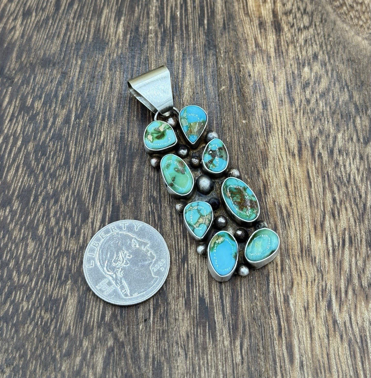 Navajo Handmade Sterling Silver Sonoran Gold Turquoise Cluster Drop Pendant